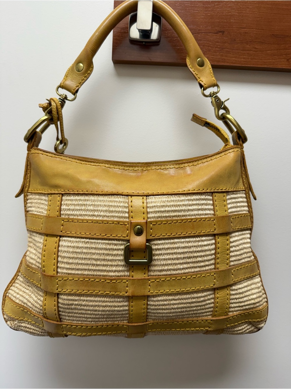 Fossil Fifty Four Red Leather and Straw Shoulder Bag EUC